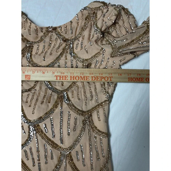 NBD Revolve Tristan Mini Dress XS Sequin Scalloped Hem Bow Delicate Regal Gold - Picture 9 of 13